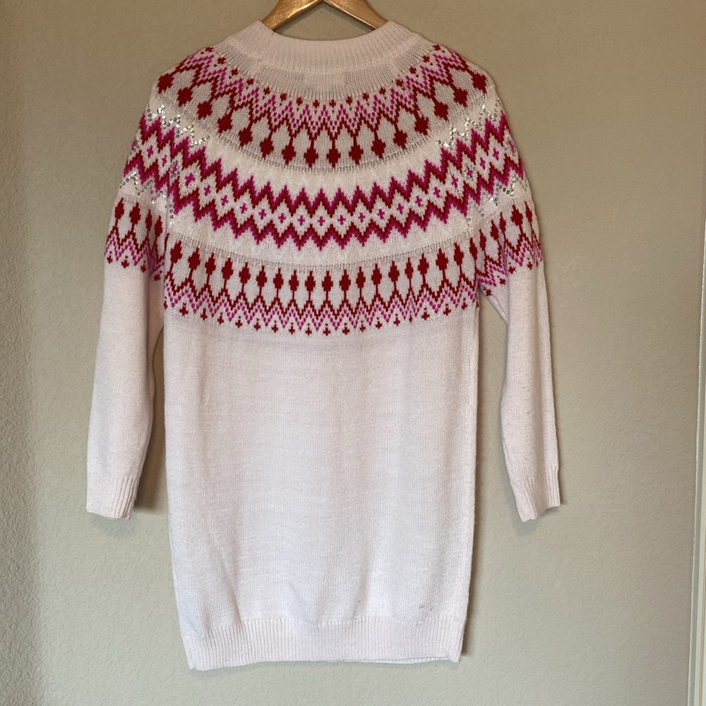 ASOS Pink Red Fair Isle Long Sleeve Mini Sweater Sequin Detail Dress 4 - Picture 3 of 9